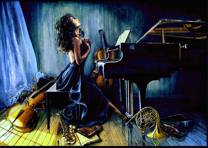 Musical Instrument Still Life Greeting Card featuring the painting Appassionato by Hanne Lore Koehler