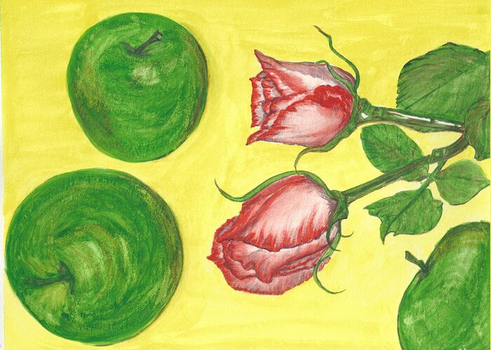 Apples Greeting Card featuring the painting Apples and Roses by Bertie Edwards