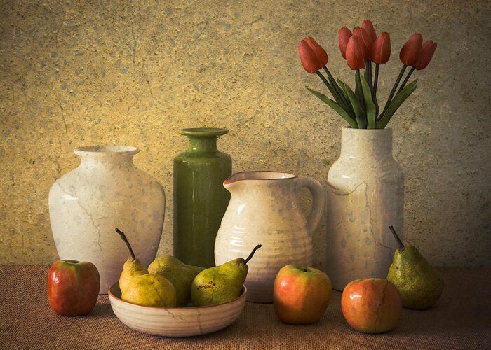 Still Life Greeting Card featuring the photograph Apples Pears And Tulips by Jacqueline Hammer