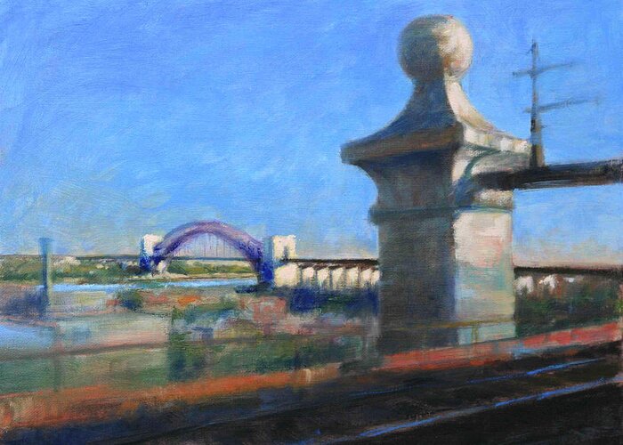 Bridges Greeting Card featuring the painting Approaching Hell Gate Bridge by Rail by Peter Salwen