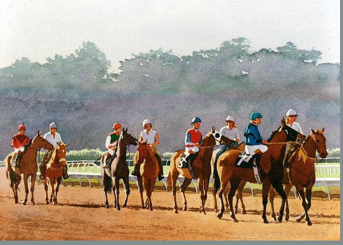 Horse Racing Greeting Card featuring the painting Approaching the Starting Gate by Mary Helmreich