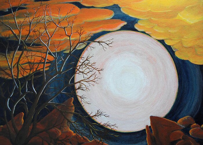 Spiritual Greeting Card featuring the painting Apricot Moon by Vallee Johnson
