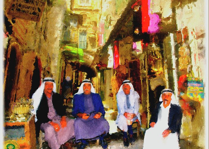 Arab Art Paintings Greeting Card featuring the painting Arab Merchants Of Jerusleum by Ted Azriel