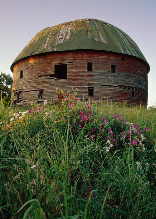 Grass Greeting Card featuring the photograph Arcadia Round Barn and Wildflowers by Richard Smith