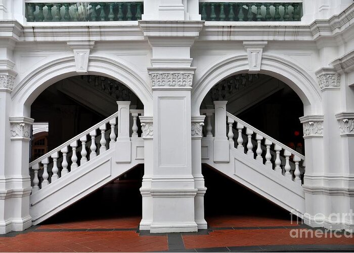 Singapore Greeting Card featuring the photograph Arch staircase balustrade and columns Raffles Hotel Singapore by Imran Ahmed