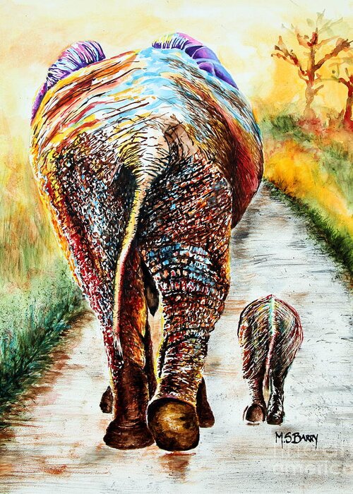 Elephants Greeting Card featuring the painting Are We There Yet? by Maria Barry