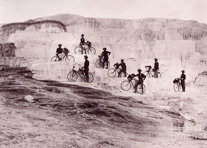 Mammoth Hot Springs Greeting Card featuring the photograph Army Bicyclists Mammoth Hot Springs by NPS Photo