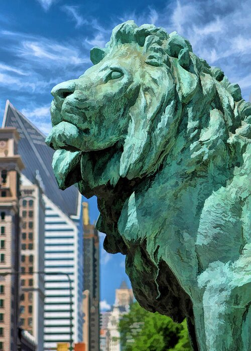 Chicago Greeting Card featuring the painting Art Institute in Chicago Lion by Christopher Arndt