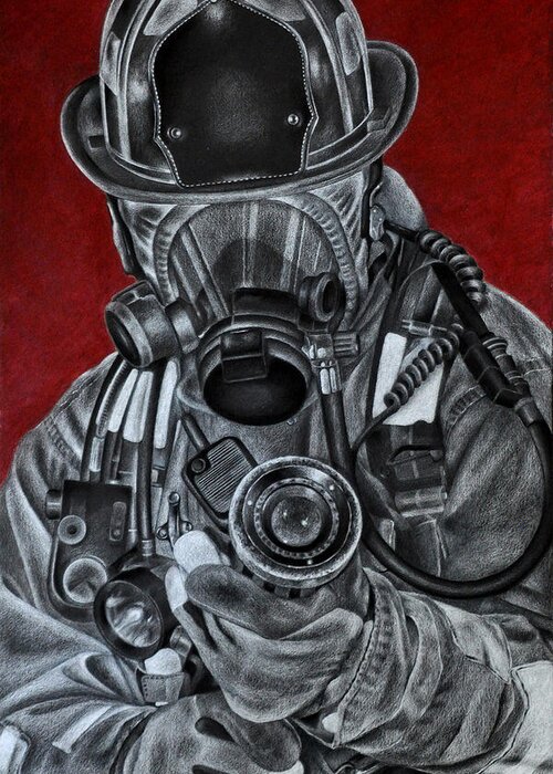 Firefighter Greeting Card featuring the drawing Assault by Jodi Monroe