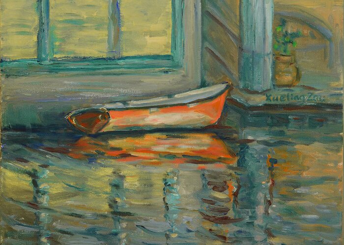 At Boat House Greeting Card featuring the painting At Boat House 2 by Xueling Zou