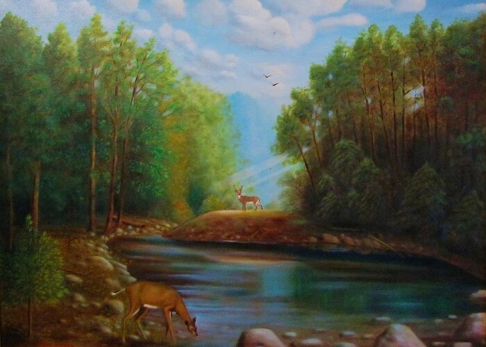 Landscape. A Stream/river Greeting Card featuring the painting At first sight by Gene Gregory