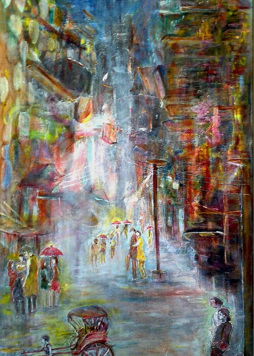 Rain Greeting Card featuring the painting When rain just stopped at north Kolkata by Subrata Bose