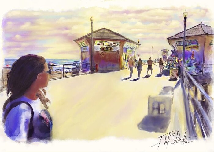 Beach Greeting Card featuring the digital art At The Pier by Phil Clark