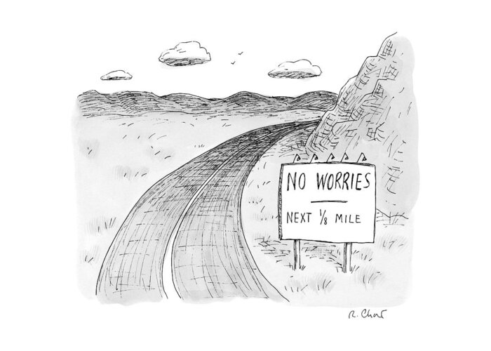 Road Signs Greeting Card featuring the drawing At The Side Of A Stretch Of Rural Road by Roz Chast