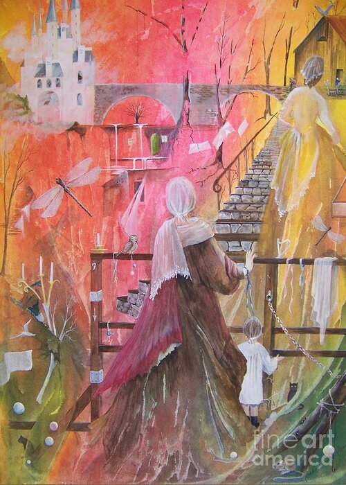Ladies Greeting Card featuring the painting At The Top Of The Stairs by Jackie Mueller-Jones
