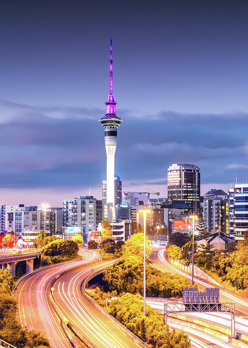 Downtown District Greeting Card featuring the photograph Auckland Cbd At Dusk, New Zealand by Matteo Colombo