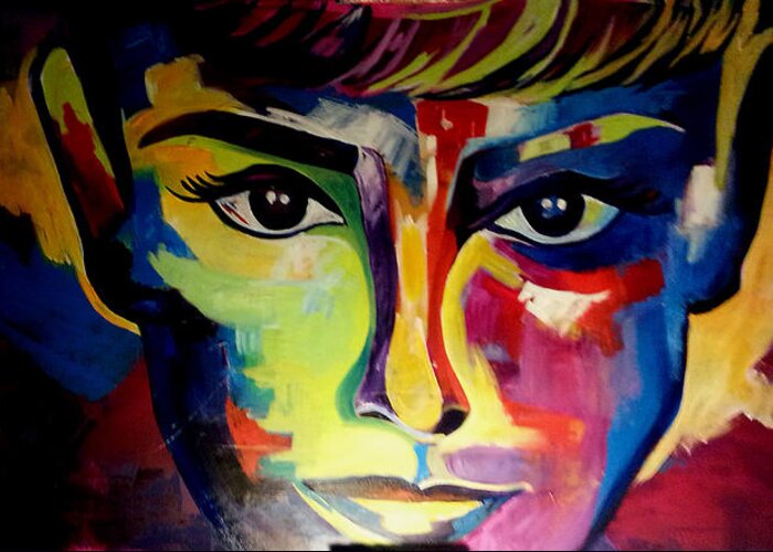 Audrrey Hepburn In Colorful Abstract Artistic Realism Greeting Card featuring the painting Audrey by Femme Blaicasso