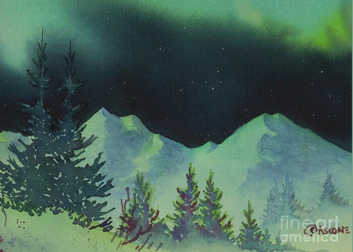 First Snow Greeting Card featuring the painting Aurora Dance in Square by Teresa Ascone
