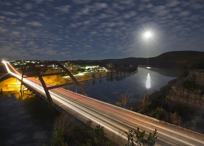 Austin Images Greeting Card featuring the photograph Austin images - Full Moon Setting over the 360 Bridge by Rob Greebon