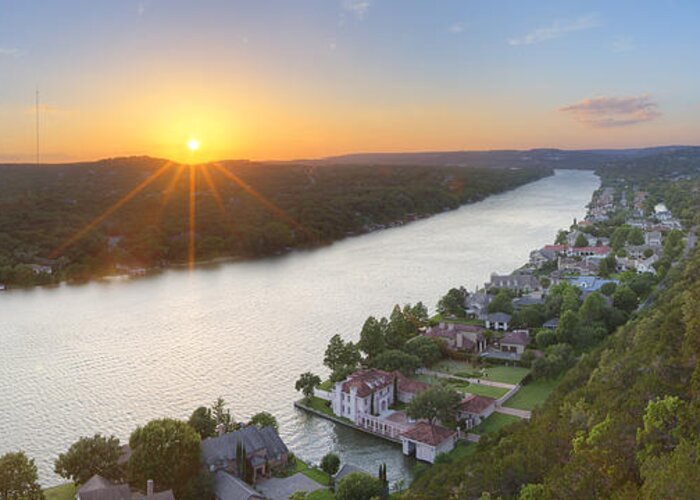 Austin Panoramas Greeting Card featuring the photograph Austin Texas Images - Mount Bonnell Panorama - Late May Sunset by Rob Greebon