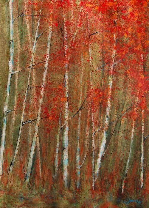 Birch Trees Greeting Card featuring the painting Autumn Birch by Jani Freimann
