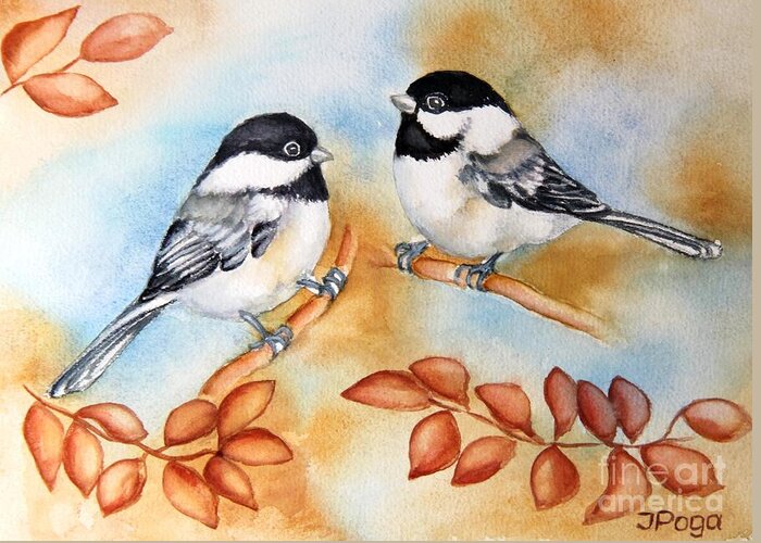 Chickadee Couple Greeting Card featuring the painting Autumn Chickadees by Inese Poga