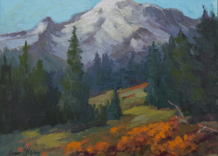 Mount Rainier Greeting Card featuring the painting Autumn Color at Mount Rainier by Diane McClary