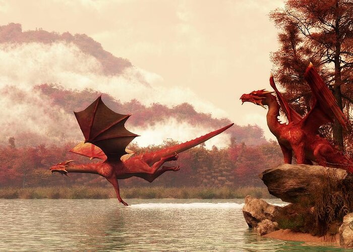 Dragon Greeting Card featuring the digital art Autumn Dragons by Daniel Eskridge
