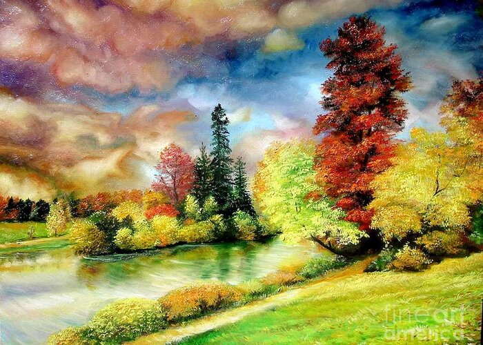 Autumn Greeting Card featuring the painting Autumn in Park by Sorin Apostolescu