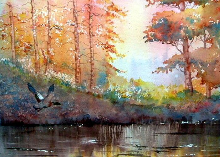 Glenn Marshall Artist Greeting Card featuring the painting Autumn Reflections by Glenn Marshall
