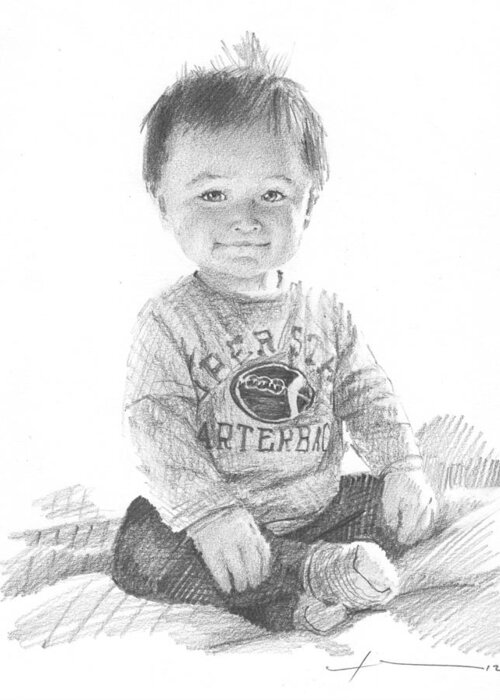 <a Href=http://miketheuer.com Target =_blank>www.miketheuer.com</a> Greeting Card featuring the drawing Baby Boy Sitting On Bed Pencil Portrait by Mike Theuer