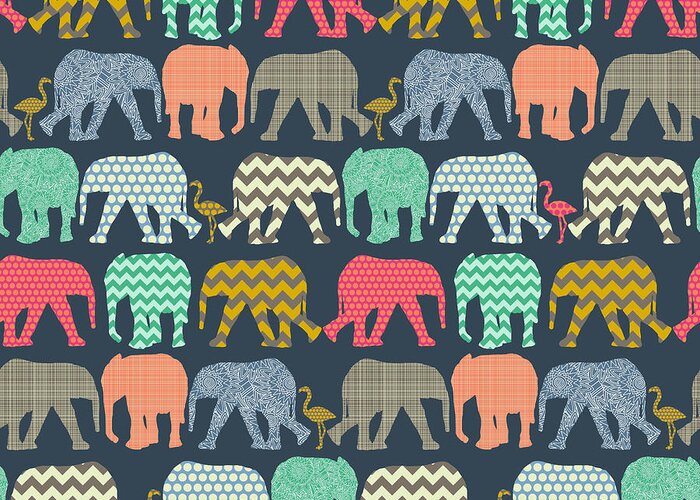 Elephant Greeting Card featuring the drawing Baby Elephants And Flamingos by MGL Meiklejohn Graphics Licensing
