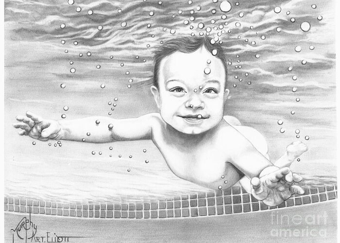 Pencil Greeting Card featuring the drawing Baby Underwater by Murphy Elliott