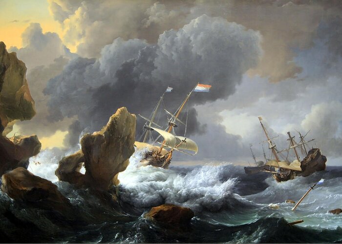 Ships In Distress Off A Rocky Coast Greeting Card featuring the photograph Backhuysen's Ships In Distress Off A Rocky Coast by Cora Wandel