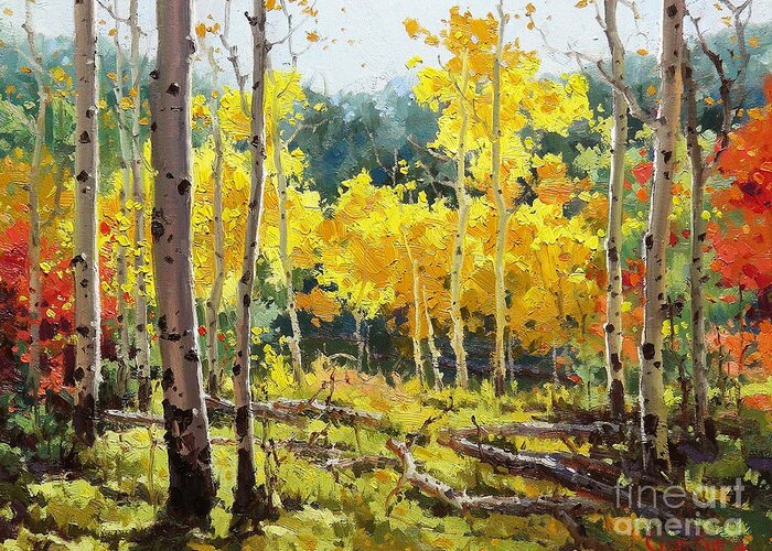 Aspen Art Greeting Card featuring the painting Backlit Aspen Grove by Gary Kim