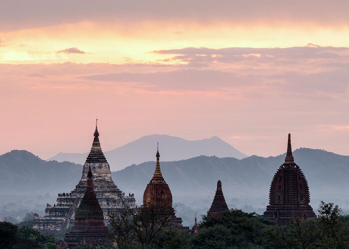 Built Structure Greeting Card featuring the photograph Bagan, Ancient Temple At Sunrise by Martin Puddy