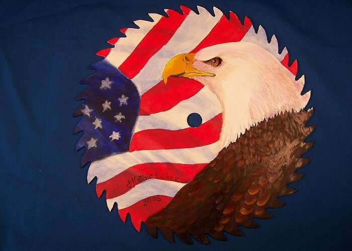 Flag Greeting Card featuring the painting Bald Eagle and American Flag by Kathleen Luther