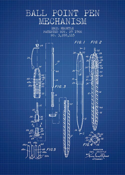 Pencil Greeting Card featuring the digital art Ball Point Pen mechansim patent from 1966 - Blueprint by Aged Pixel