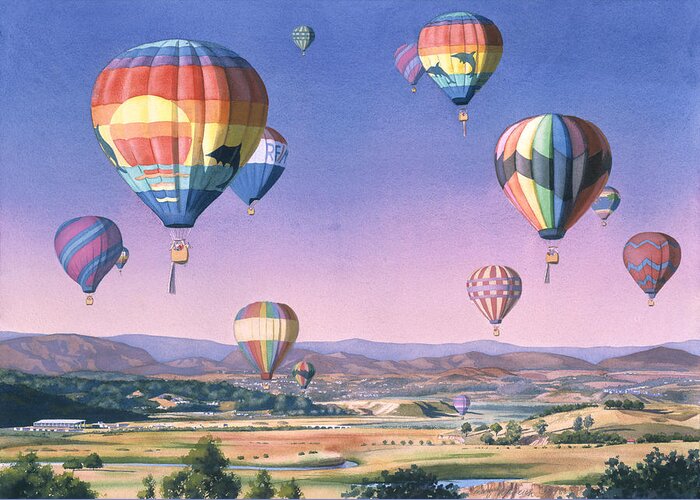 Balloons Greeting Card featuring the painting Balloons over San Dieguito by Mary Helmreich