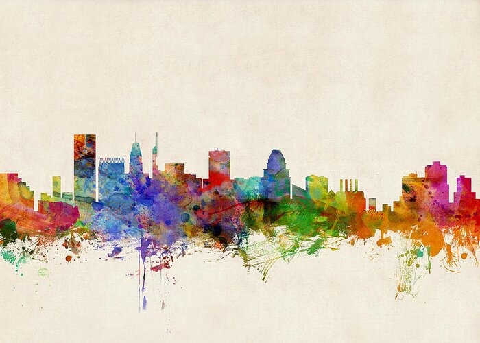 Watercolour Greeting Card featuring the digital art Baltimore Maryland Skyline by Michael Tompsett