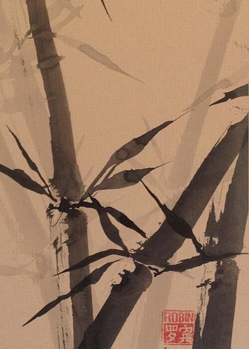 Sumi-e Greeting Card featuring the painting Bamboo Study #1 on Tagboard by Robin Miller-Bookhout
