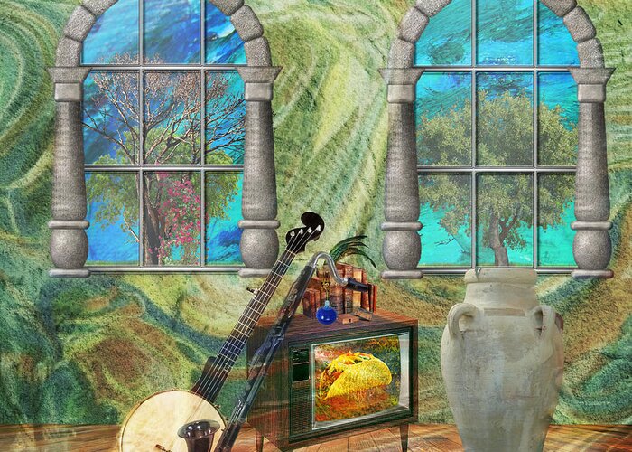 Banjo Greeting Card featuring the mixed media Banjo Room by Ally White