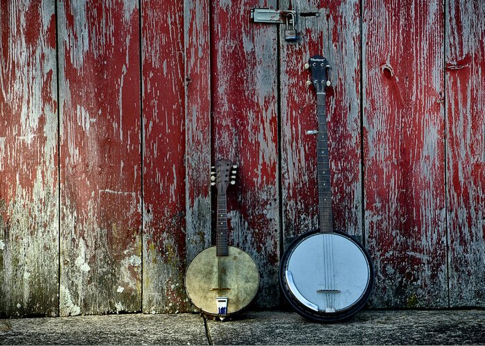 Banjos Against A Barn Door Greeting Card featuring the photograph Banjos against a Barn Door by Bill Cannon