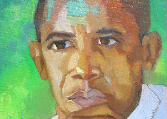 President Barack Hussein Obama Greeting Card featuring the painting Barack Obama President Elect The Greening of America by Suzanne Giuriati Cerny