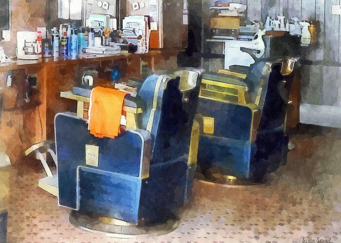 Barber Greeting Card featuring the photograph Barber Chair With Orange Barber Cape by Susan Savad