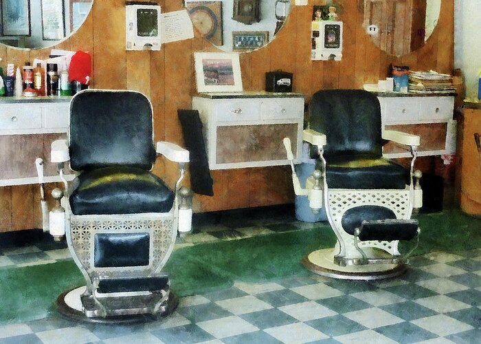 Barber Greeting Card featuring the photograph Barber - Corner Barber Shop Two Chairs by Susan Savad