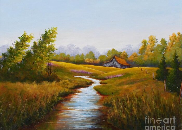 Barn Greeting Card featuring the painting Barn and Stream by Jerry Walker