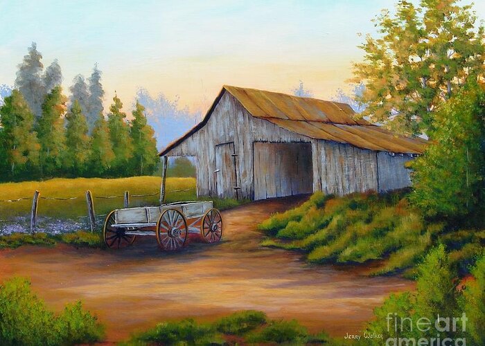 Landscape Greeting Card featuring the painting Barn and Wagon by Jerry Walker