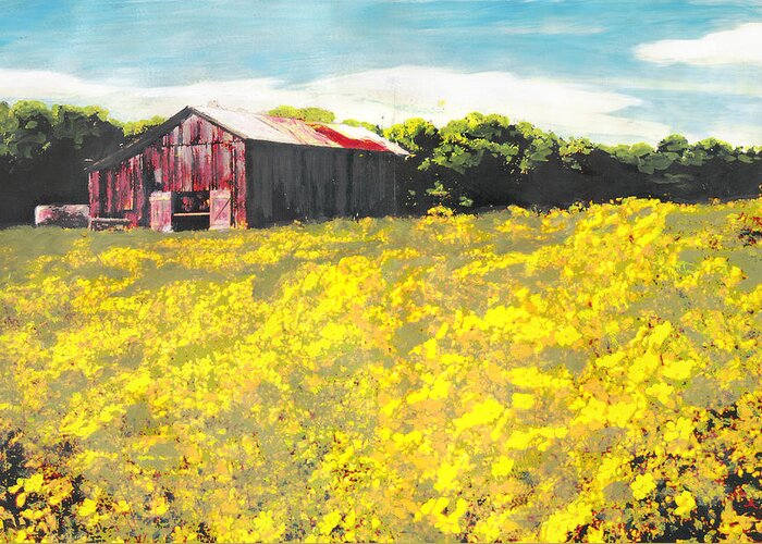 Fine Art Greeting Card featuring the painting Barn Yellow Spring Fields Maryland Landscape Fine Art Painting by G Linsenmayer