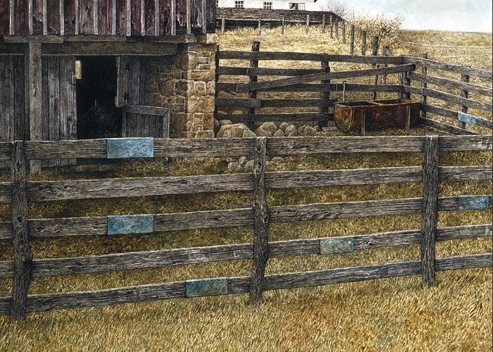 Landscape Greeting Card featuring the painting Barnyard by Tom Wooldridge